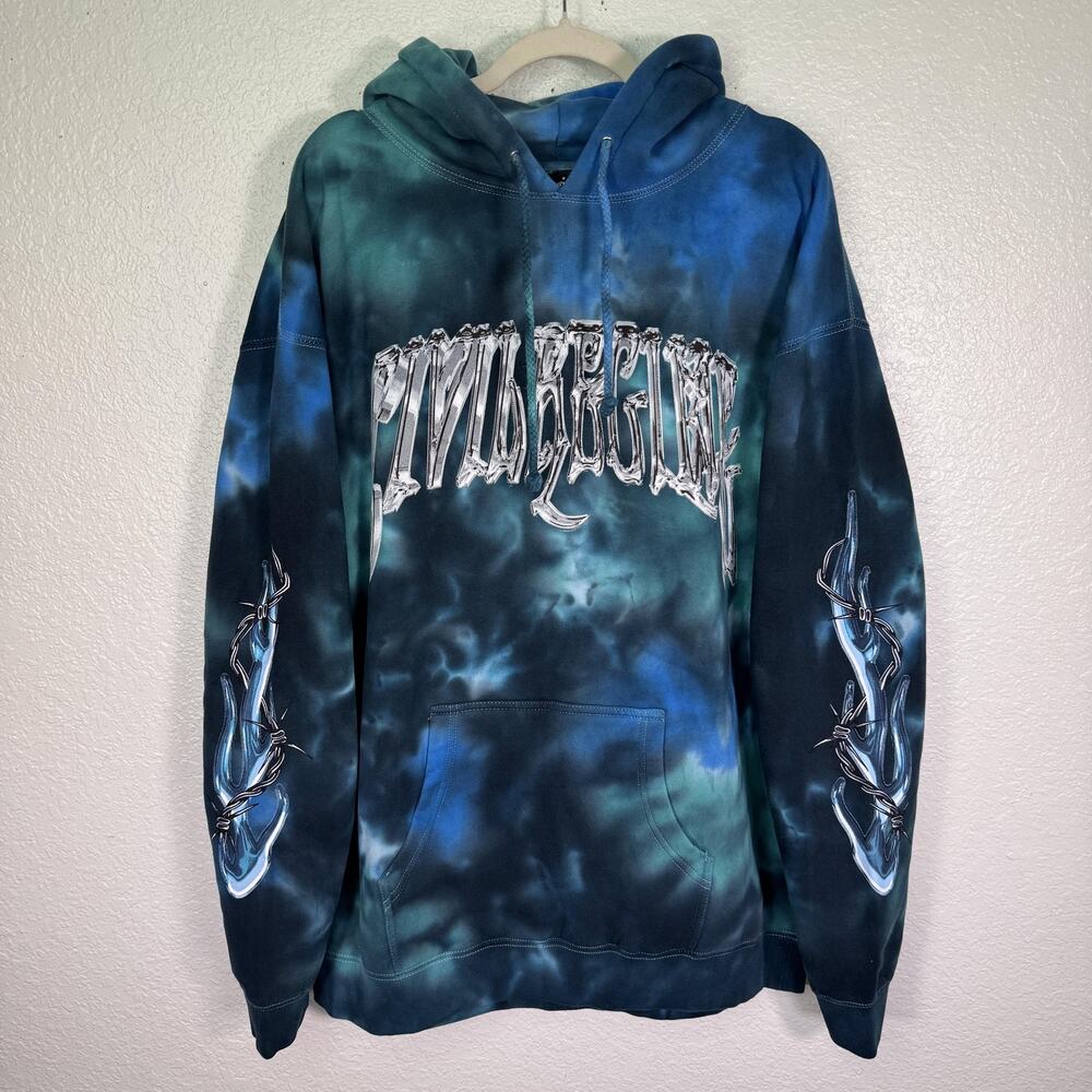 Civil Regime Hoodie Mens XL Blue Tie Dye Barbed Wire Graphic Pullover Sweater